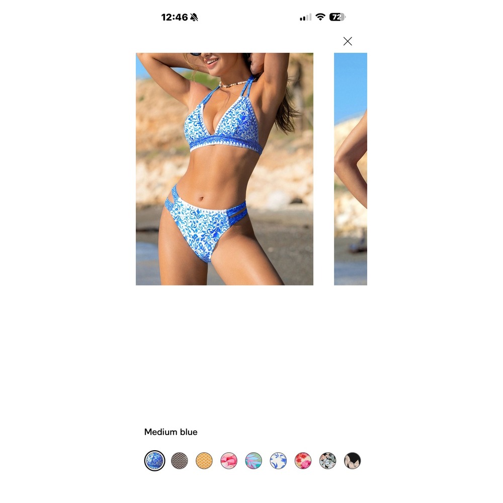 Cupshe Boho Shell Stitch Halter Bikini Top Cheeky Bottoms Set Blue XL NWT - Picture 4 of 5